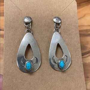Vintage Signed Navajo Turquoise Sterling Silver Dangle Earrings Signed C.S.